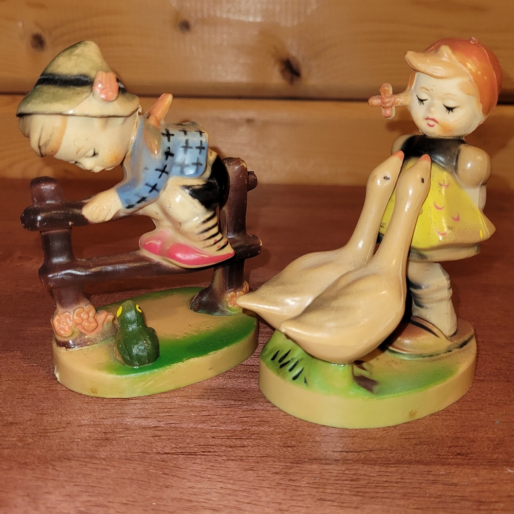 Vintage 1950 Hummel Figurines Plastic Replica Girl w/Ducks or Swans,Boy on Fence
